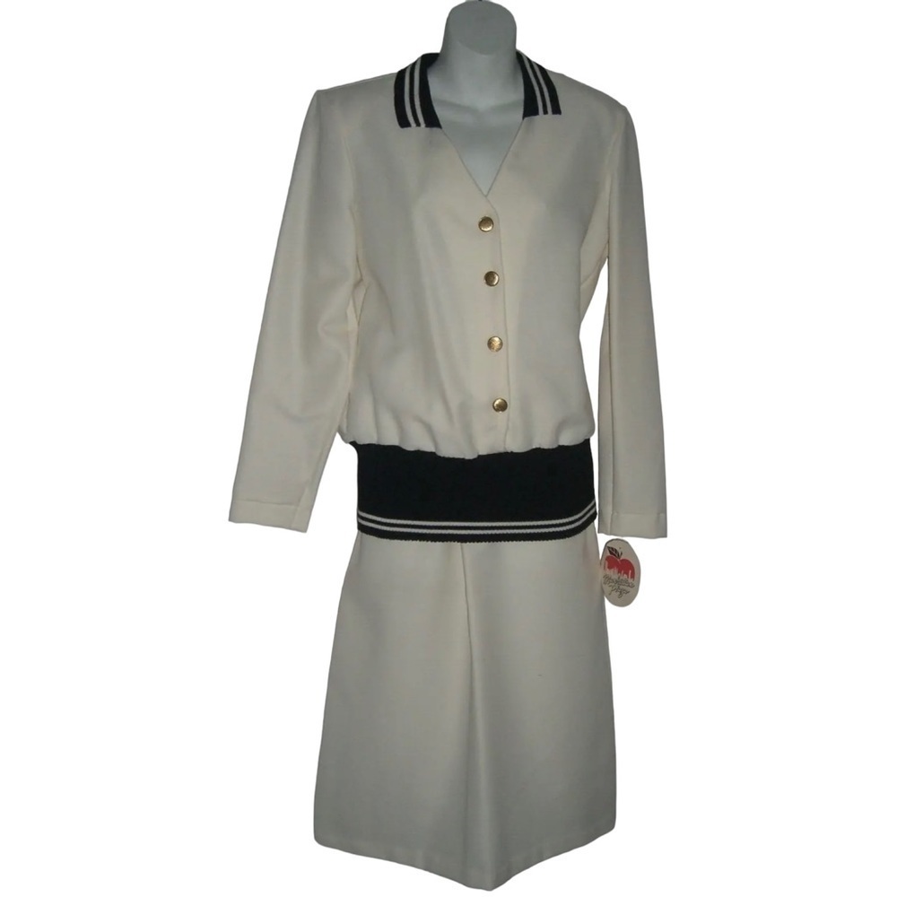 Vintage 50's Outfit Skirt Blouse Set Secretary Nautical Deadstock Ivory Striped